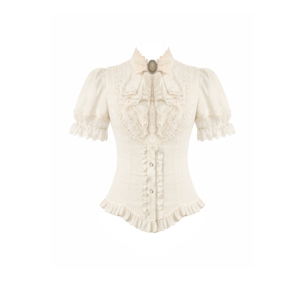 Dark in Love - Daylight Verse Retro Victorian Lace Patchwork Puff Sleeve Slim Blouse - White